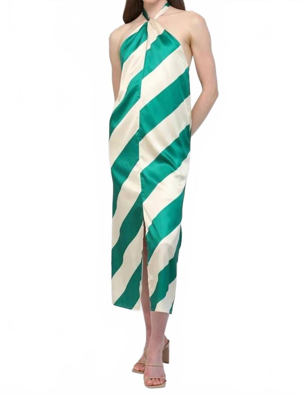 NEW FATE diagonal stripes halter dress in green/ ivory